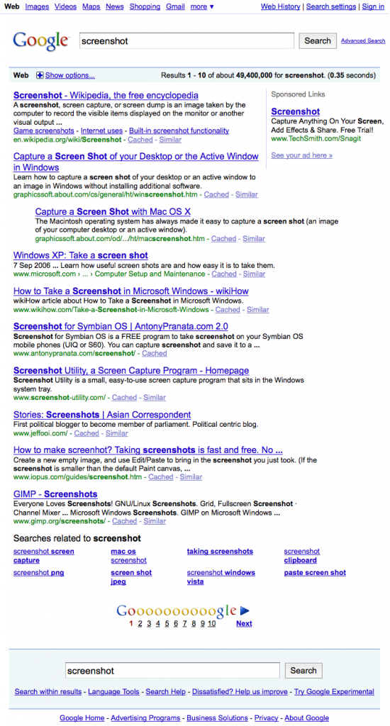 Screenshot of an entire Google search results page